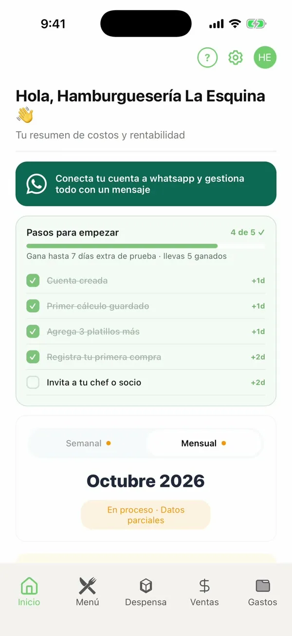 Pantalla de Inicio de la app CostoComida