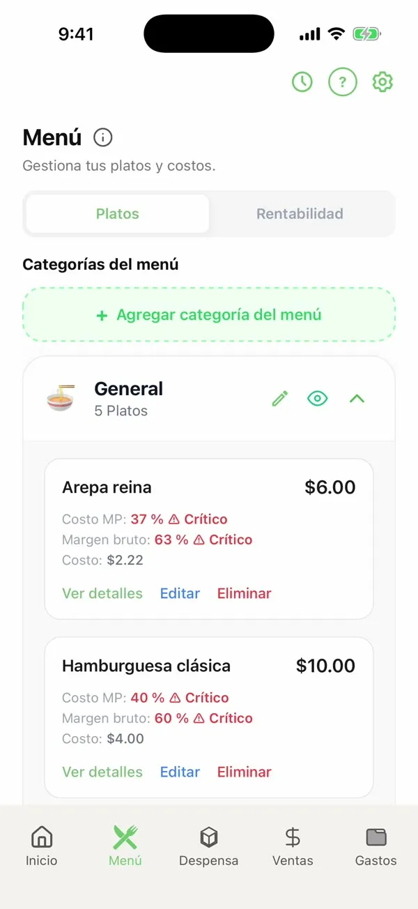 Menú de la app CostoComida con los platos de una categoría